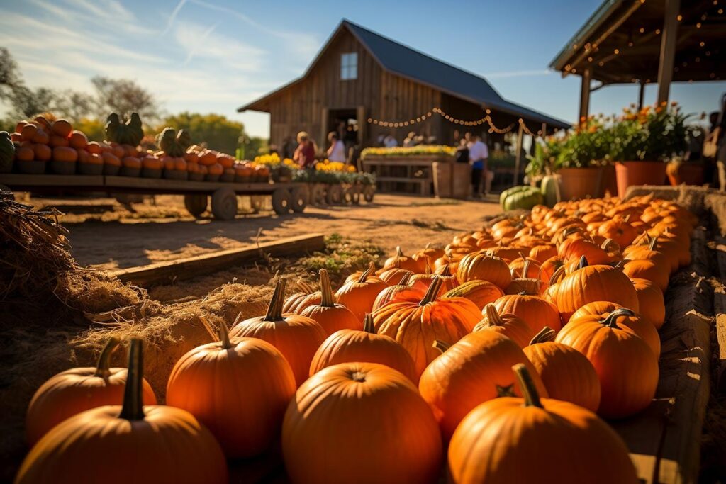 pumpkins on a pumpkin patch farm autumn fall festival with light
